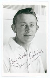 Dennis Oliver Baldry. Middlesex & Hampshire 1953-1962. Mono real photograph plain back postcard of Baldry, head and shoulders wearing cricket attire. Nicely signed in black biro by Baldry. Official stamp for A. Wilkes & Son, West Bromwich to verso. Very g