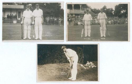 Hampshire C.C.C. 1920s. Three original mono real photograph postcards of Hampshire batsmen. One depicts W.H. Livsey and W.R. Shirley standing together leaning on their bats, annotated in pencil to verso for the match v Surrey, 25th- 27th July 1923 at Bour