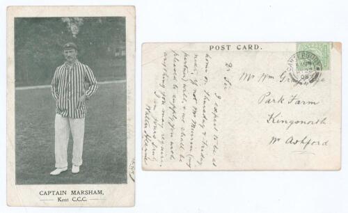 Walter Hearne. Kent 1887-1896. Mono printed postcard of &lsquo;Captain Marsham. Kent C.C.C.&rsquo; The postcard sent by Walter Hearne to an address in Ashford on the 22nd May 1908. The card with message in Hearnes hand writing &lsquo;Dear Sir, I expect to be at home on Thu