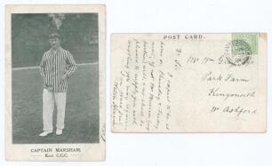 Walter Hearne. Kent 1887-1896. Mono printed postcard of &lsquo;Captain Marsham. Kent C.C.C.&rsquo; The postcard sent by Walter Hearne to an address in Ashford on the 22nd May 1908. The card with message in Hearnes hand writing &lsquo;Dear Sir, I expect to be at home on Thu
