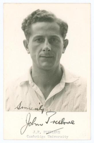 John Frederick Pretlove. Cambridge University & Kent 1954-1968. Mono real photograph plain back postcard of Pretlove, head and shoulders wearing cricket attire. Nicely signed in black ink to the lower margin, &lsquo;Sincerely, John Pretlove&rsquo;. Typed title &lsquo;J.F. 