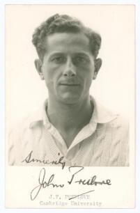 John Frederick Pretlove. Cambridge University & Kent 1954-1968. Mono real photograph plain back postcard of Pretlove, head and shoulders wearing cricket attire. Nicely signed in black ink to the lower margin, &lsquo;Sincerely, John Pretlove&rsquo;. Typed title &lsquo;J.F. 