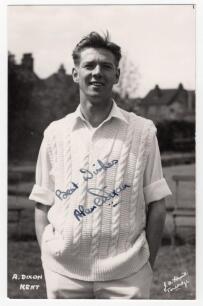 Alan Leonard Dixon. Kent & M.C.C. 1950-1974. Mono real photograph real photograph postcard of Dixon standing three quarter length wearing cricket attire. Very nicely signed in ink to the photograph &lsquo;Best Wishes, Alan Dixon&rsquo;. Printed title &lsquo;A. Dixon, Kent&rsquo;