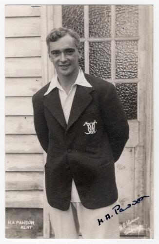 Henry Anthony &lsquo;Tony&rsquo; Pawson. Kent & Oxford University 1946-1953. Mono real photograph plain back postcard of Pawson standing three quarter length wearing cricket attire and Oxford University blazer. Nicely signed in ink to the photograph &lsquo;H.A. Pawson&rsquo;. Pr