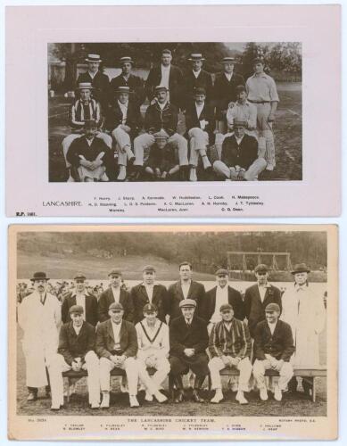 Lancashire C.C.C. 1909 & 1921. Two original mono/ sepia postcards of Lancashire teams seated and standing in rows wearing cricket attire, both with players&rsquo; names printed to lower border. The 1909 postcard features MacLaren (Captain), Hornby, J.T. Tyldesl