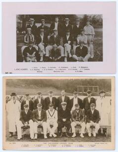 Lancashire C.C.C. 1909 & 1921. Two original mono/ sepia postcards of Lancashire teams seated and standing in rows wearing cricket attire, both with players&rsquo; names printed to lower border. The 1909 postcard features MacLaren (Captain), Hornby, J.T. Tyldesl