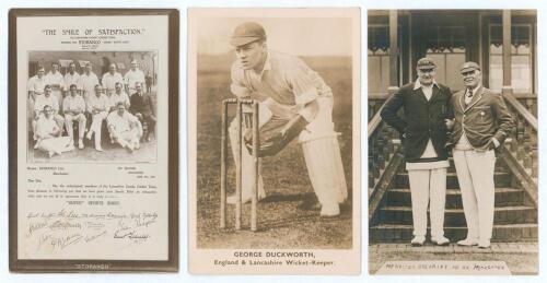 &lsquo;The Smile of Satisfaction. The Lancashire County Cricket Team wearing the Storanco &ldquo;Super&rdquo; Sports Shirt&rsquo; c.1930. Unusual original sepia real photograph advertising postcard with printed title, photograph of the Lancashire team and printed endorsement and