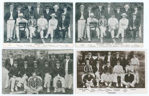 Lancashire C.C.C. 1904-1908. Four early original mono postcards (one real photograph) of Lancashire teams seated and standing in rows wearing cricket attire and blazers, all with printed titles and players&rsquo; names to lower margin. Two postcards feature ide