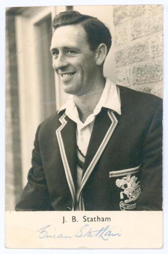 John Brian Statham. Lancashire & England 1950-1968. Mono real photograph postcard of Statham, half length in M.C.C. blazer. Signed to lower border by Statham. Cheshire Studio&rsquo;s series. Some creasing to card. Sold with &lsquo;Glory Lightly Worn, a tribute to Bri