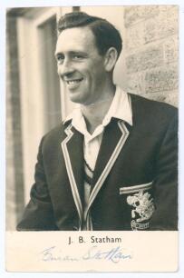 John Brian Statham. Lancashire & England 1950-1968. Mono real photograph postcard of Statham, half length in M.C.C. blazer. Signed to lower border by Statham. Cheshire Studio&rsquo;s series. Some creasing to card. Sold with &lsquo;Glory Lightly Worn, a tribute to Bri