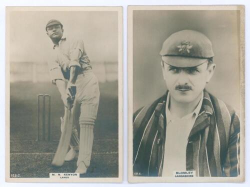 Lancashire C.C.C. Two Godfrey Phillips &lsquo;Pinnace&rsquo; premium issue cabinet size mono real photograph plain back trade cards of [B.] Blomley (Lancashire 1903-1922), head and shoulders wearing cap and blazer, no. 151.C and M.N. Kenyon (Lancashire 1919-1925) in 