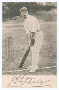John Thomas Tyldesley. Lancashire & England 1895-1923. Early original mono postcard of Tyldesley standing full length in batting pose at the wicket, wearing Lancashire cap. Nicely signed in black ink to lower margin &lsquo;J.T. Tyldesley&rsquo;. Wrench Series no. 138