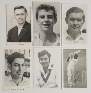Lancashire C.C.C. 1960s/1970s. A selection of six official Club issue photocards and postcards of Lancashire players including five signed. Signatures are Farokh Engineer (2 different), Clive Lloyd, Jack Bond and David Lloyd. One unsigned of Graham Atkins