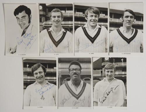 Lancashire C.C.C. 1970s. Seven official mono Club issue photocards of Lancashire players, each signed by the featured player. Signatures are Farokh Engineer, David Lloyd, Peter Lever, Ken Shuttleworth, David Hughes, Clive Lloyd and Frank Hayes. Very good 
