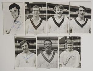 Lancashire C.C.C. 1970s. Seven official mono Club issue photocards of Lancashire players, each signed by the featured player. Signatures are Farokh Engineer, David Lloyd, Peter Lever, Ken Shuttleworth, David Hughes, Clive Lloyd and Frank Hayes. Very good 