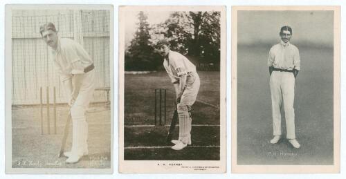 Albert Henry Hornby. Cambridge & Lancashire 1898-1914. Two sepia real photographs of Hornby in batting poses. One photo by W. Smith, Didsbury, the other Hawkins & Co., Brighton. Sold with a mono postcard of Hornby, full length in cricket attire. All three