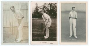 Albert Henry Hornby. Cambridge & Lancashire 1898-1914. Two sepia real photographs of Hornby in batting poses. One photo by W. Smith, Didsbury, the other Hawkins & Co., Brighton. Sold with a mono postcard of Hornby, full length in cricket attire. All three