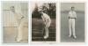 Albert Henry Hornby. Cambridge & Lancashire 1898-1914. Two sepia real photographs of Hornby in batting poses. One photo by W. Smith, Didsbury, the other Hawkins & Co., Brighton. Sold with a mono postcard of Hornby, full length in cricket attire. All three