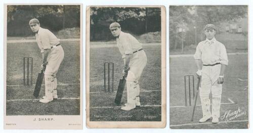 John Sharp. Lancashire & England 1899-1925. Three mono postcards of Sharp, of which two are near identical versions of Sharp in batting pose, one a real photograph, from an original by Foster of Brighton, both published by W.H.S.& S. The other depicts Sha