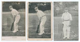 John Sharp. Lancashire & England 1899-1925. Three mono postcards of Sharp, of which two are near identical versions of Sharp in batting pose, one a real photograph, from an original by Foster of Brighton, both published by W.H.S.& S. The other depicts Sha