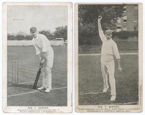 Sydney Francis Barnes. Warwickshire, Lancashire, Wales & England 1894-1930. Two mono postcards of Barnes, one in batting pose with printed title &lsquo;Sid. F. Barnes, McLaren&rsquo;s Anglo-Australian XI, 1901-2. Staffs County C.C. & Porthill C.C.&rsquo;, the other in bowl