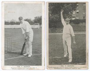 Sydney Francis Barnes. Warwickshire, Lancashire, Wales & England 1894-1930. Two mono postcards of Barnes, one in batting pose with printed title &lsquo;Sid. F. Barnes, McLaren&rsquo;s Anglo-Australian XI, 1901-2. Staffs County C.C. & Porthill C.C.&rsquo;, the other in bowl