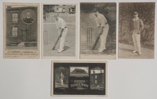 John Thomas Tyldesley. Lancashire & England 1895-1923. Five mono postcards relating to J.T. Tyldesley. Subjects and series are Tyldesley&rsquo;s birthplace at Roe Green, Worsley, &lsquo;Souvenir Tyldesley&rsquo;s Benefit 1906&rsquo;, in batting pose (all W.H.S. & S. Grosvenor Se