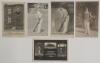 John Thomas Tyldesley. Lancashire & England 1895-1923. Five mono postcards relating to J.T. Tyldesley. Subjects and series are Tyldesley&rsquo;s birthplace at Roe Green, Worsley, &lsquo;Souvenir Tyldesley&rsquo;s Benefit 1906&rsquo;, in batting pose (all W.H.S. & S. Grosvenor Se