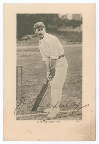 John Thomas Tyldesley. Lancashire & England 1895-1923. Early original mono postcard of Tyldesley standing full length wearing cricket attire and Lancashire cap, in batting pose at the wicket. Very nicely signed in black ink &lsquo;J.T. Tyldesley&rsquo; to the image. 