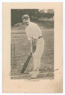 John Thomas Tyldesley. Lancashire & England 1895-1923. Early original mono postcard of Tyldesley standing full length wearing cricket attire and Lancashire cap, in batting pose at the wicket. Very nicely signed in black ink &lsquo;J.T. Tyldesley&rsquo; to the image. 