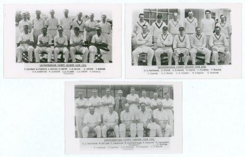 Leicestershire C.C.C. 1950-1952. Three original mono real photograph plain back postcards of Leicestershire teams for seasons 1950, 1951 & 1952, the players seated and standing in rows wearing cricket attire. All postcards with printed title and players&rsquo; 