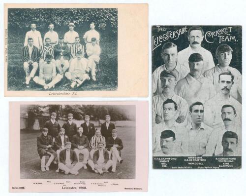 Leicestershire C.C.C. c.1905-1908. Three early original postcards of Leicestershire teams including real photograph postcards of players seated and standing in rows wearing cricket attire, one Dainty Series c.1905, the other Davidson Brothers Series no. 4