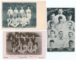 Leicestershire C.C.C. c.1905-1908. Three early original postcards of Leicestershire teams including real photograph postcards of players seated and standing in rows wearing cricket attire, one Dainty Series c.1905, the other Davidson Brothers Series no. 4