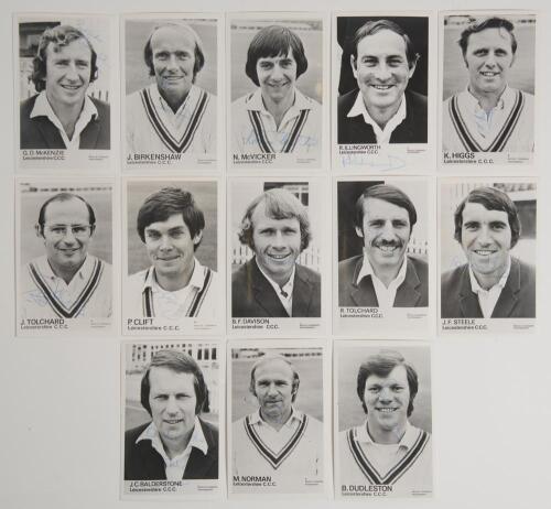Leicestershire C.C.C. 1975. Thirteen original mono Club issue player portrait plain back postcards of Leicestershire players, each signed to the front by the featured player. Signatures are Graham McKenzie, Jack Birkenshaw, Norman McVicker, Ray Illingwort