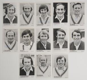 Leicestershire C.C.C. 1975. Thirteen original mono Club issue player portrait plain back postcards of Leicestershire players, each signed to the front by the featured player. Signatures are Graham McKenzie, Jack Birkenshaw, Norman McVicker, Ray Illingwort