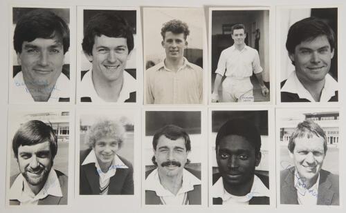 Leicestershire C.C.C. 1980s. Ten original mono Club issue player portrait plain back postcards/ photographs of Leicestershire players, mainly 1980s. Six are signed to the front by the featured player. Signatures are Peter Willey, David Gower, Les Taylor, 