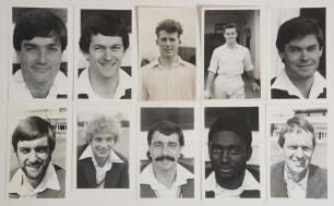 Leicestershire C.C.C. 1980s. Ten original mono Club issue player portrait plain back postcards/ photographs of Leicestershire players, mainly 1980s. Six are signed to the front by the featured player. Signatures are Peter Willey, David Gower, Les Taylor, 