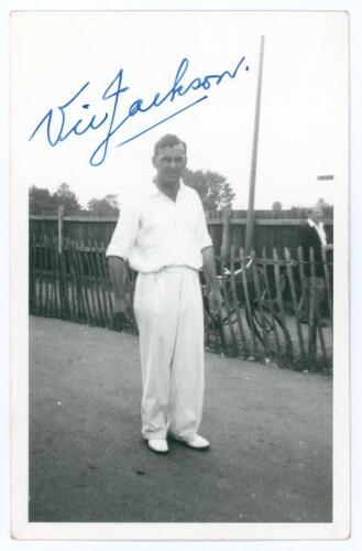 Victor Edward &lsquo;Vic&rsquo; Jackson. New South Wales & Leicestershire 1936-1956. Original mono candid style plain back postcard of Jackson standing full length wearing cricket attire. Nicely signed to front and back in ink by Jackson. Publisher unknown. Minor wea