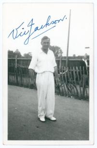 Victor Edward &lsquo;Vic&rsquo; Jackson. New South Wales & Leicestershire 1936-1956. Original mono candid style plain back postcard of Jackson standing full length wearing cricket attire. Nicely signed to front and back in ink by Jackson. Publisher unknown. Minor wea