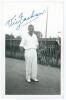 Victor Edward &lsquo;Vic&rsquo; Jackson. New South Wales & Leicestershire 1936-1956. Original mono candid style plain back postcard of Jackson standing full length wearing cricket attire. Nicely signed to front and back in ink by Jackson. Publisher unknown. Minor wea