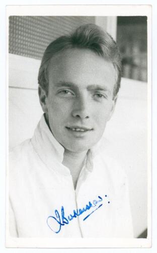 Jack Birkenshaw. Yorkshire, Leicestershire, Worcestershire & England 1958-1981. Mono real photograph plain back postcard of Birkenshaw, head and shoulders wearing cricket attire. Nicely signed in blue ink to the photograph by Birkenshaw. Official stamp fo
