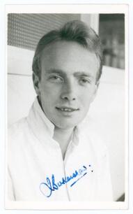 Jack Birkenshaw. Yorkshire, Leicestershire, Worcestershire & England 1958-1981. Mono real photograph plain back postcard of Birkenshaw, head and shoulders wearing cricket attire. Nicely signed in blue ink to the photograph by Birkenshaw. Official stamp fo