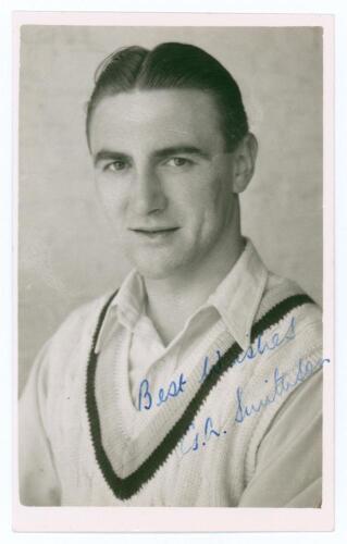 Gerald Arthur Smithson. Yorkshire, Leicestershire & England 1946-1956. Mono real photograph plain back postcard of Smithson, head and shoulders wearing cricket attire. Signed in blue biro to the photograph by Smithson. Official stamp for A. Wilkes & Son, 