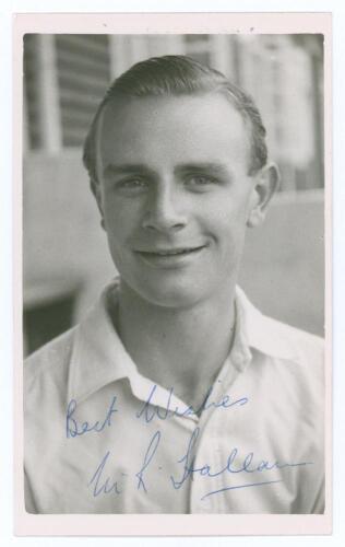 Maurice Raymond Hallam. Leicestershire 1950-1970. Mono real photograph plain back postcard of Hallam, head and shoulders wearing cricket attire. Signed in blue biro to the photograph by Hallam. Official stamp for A. Wilkes & Son, West Bromwich to verso, d