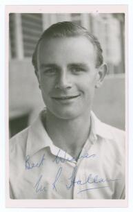 Maurice Raymond Hallam. Leicestershire 1950-1970. Mono real photograph plain back postcard of Hallam, head and shoulders wearing cricket attire. Signed in blue biro to the photograph by Hallam. Official stamp for A. Wilkes & Son, West Bromwich to verso, d