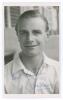 Maurice Raymond Hallam. Leicestershire 1950-1970. Mono real photograph plain back postcard of Hallam, head and shoulders wearing cricket attire. Signed in blue biro to the photograph by Hallam. Official stamp for A. Wilkes & Son, West Bromwich to verso, d