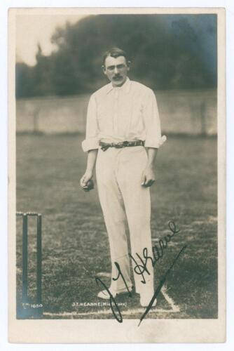 John Thomas Hearne. Middlesex & England 1888-1923. Excellent sepia real photograph postcard of Hearne, standing full length at the wicket in cricket attire, ball in hand. Very nicely signed in black ink &lsquo;J.T. Hearne&rsquo; to the image. Printed title &lsquo;J.T. Hear