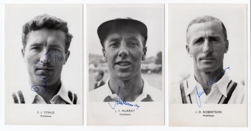 Middlesex C.C.C. 1950s. Three individual player portrait postcards of Jack Robertson, John Murray, and Fred Titmus, each depicted head and shoulders. All three postcards with printed name and county to lower border. Signed in ink by each featured player. 
