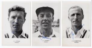 Middlesex C.C.C. 1950s. Three individual player portrait postcards of Jack Robertson, John Murray, and Fred Titmus, each depicted head and shoulders. All three postcards with printed name and county to lower border. Signed in ink by each featured player. 