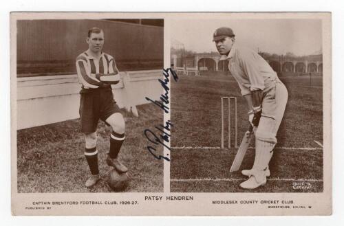 Elias Henry &lsquo;Patsy&rsquo; Hendren. Middlesex C.C.C., Brentford F.C. & England. Sepia postcard of Hendren in both cricket attire and football attire. Nicely signed to face by Hendren in ink. Printed titles to lower border. Published by Wakefields, Ealing. Postal